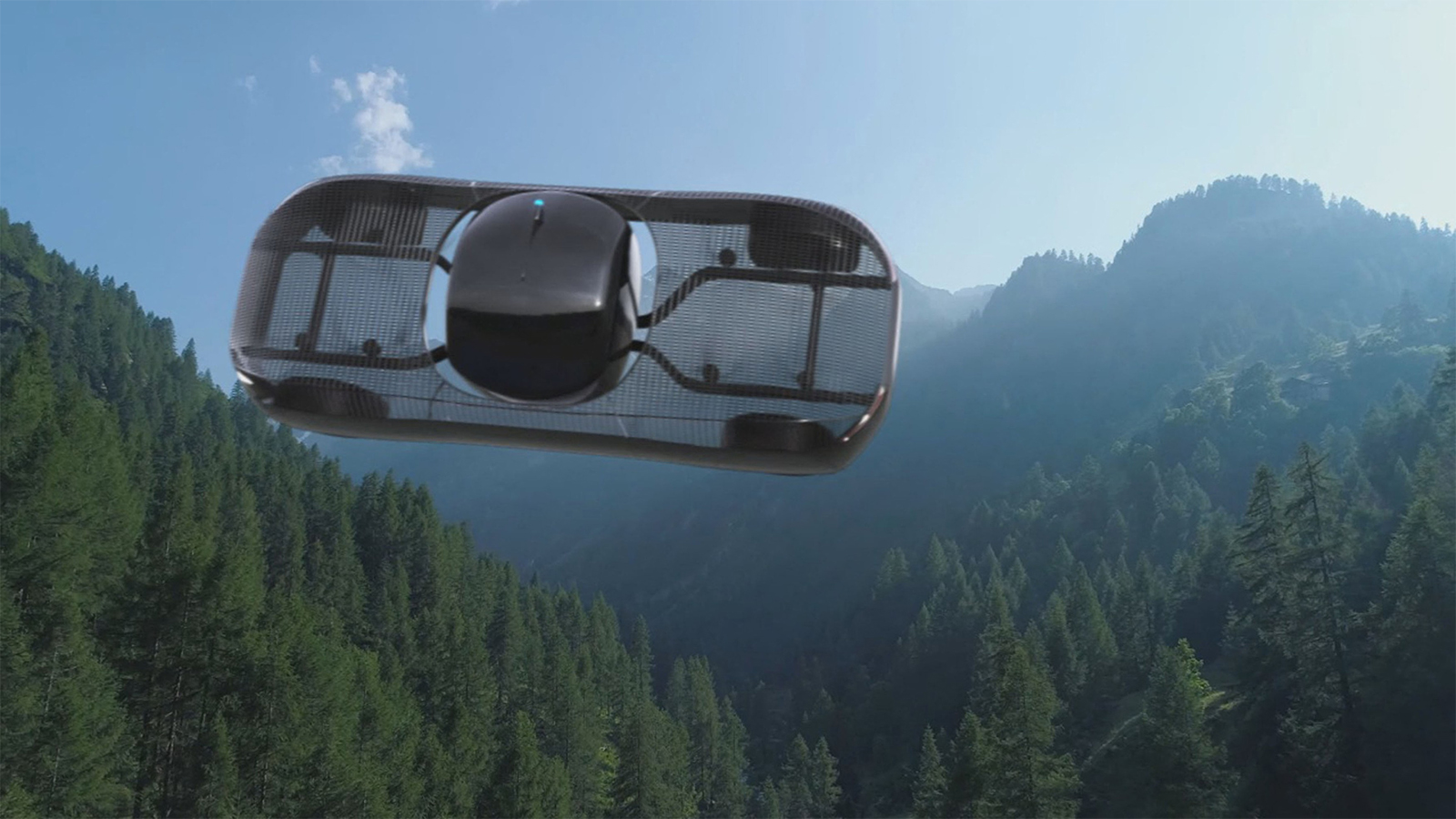 a drone flying over a forest with trees in the background.