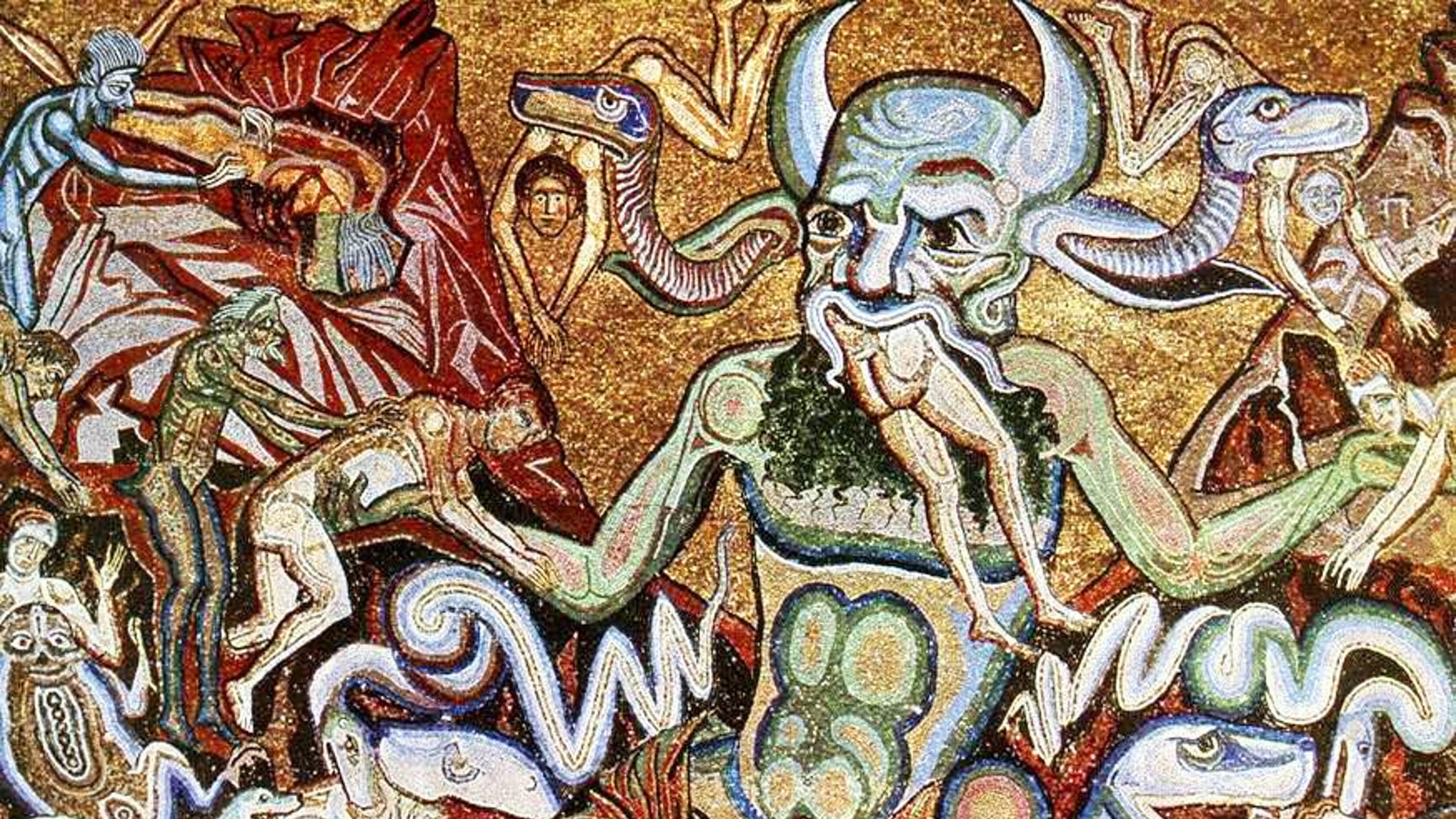 A painting of a demon and a group of other demons.
